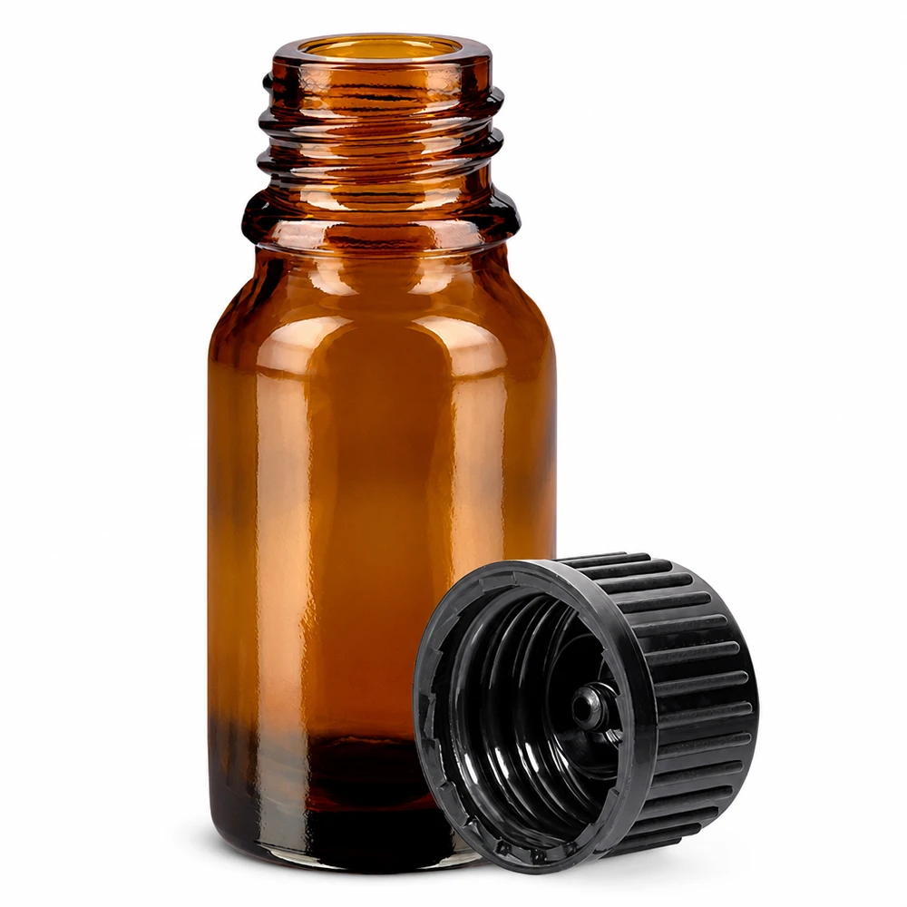 Flacon 10ml 11mm SV noir STD BrownLine UT18/10 Petite bouteille de pharmacie de 10ml en verre brun avec bouchon noir cannelé