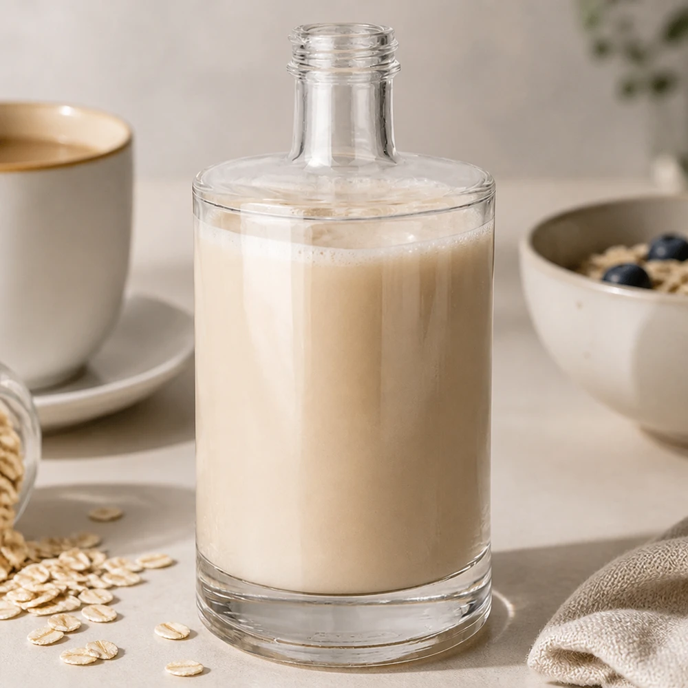 Bouteille en verre 500 ml « Sam » sans bouchon à vis UNiTWIST® 500ml Glasflasche Sam mit Hafermilch befüllt neben Kaffeetasse und Haferflocken stylische Küchenszene morgendlicher Life