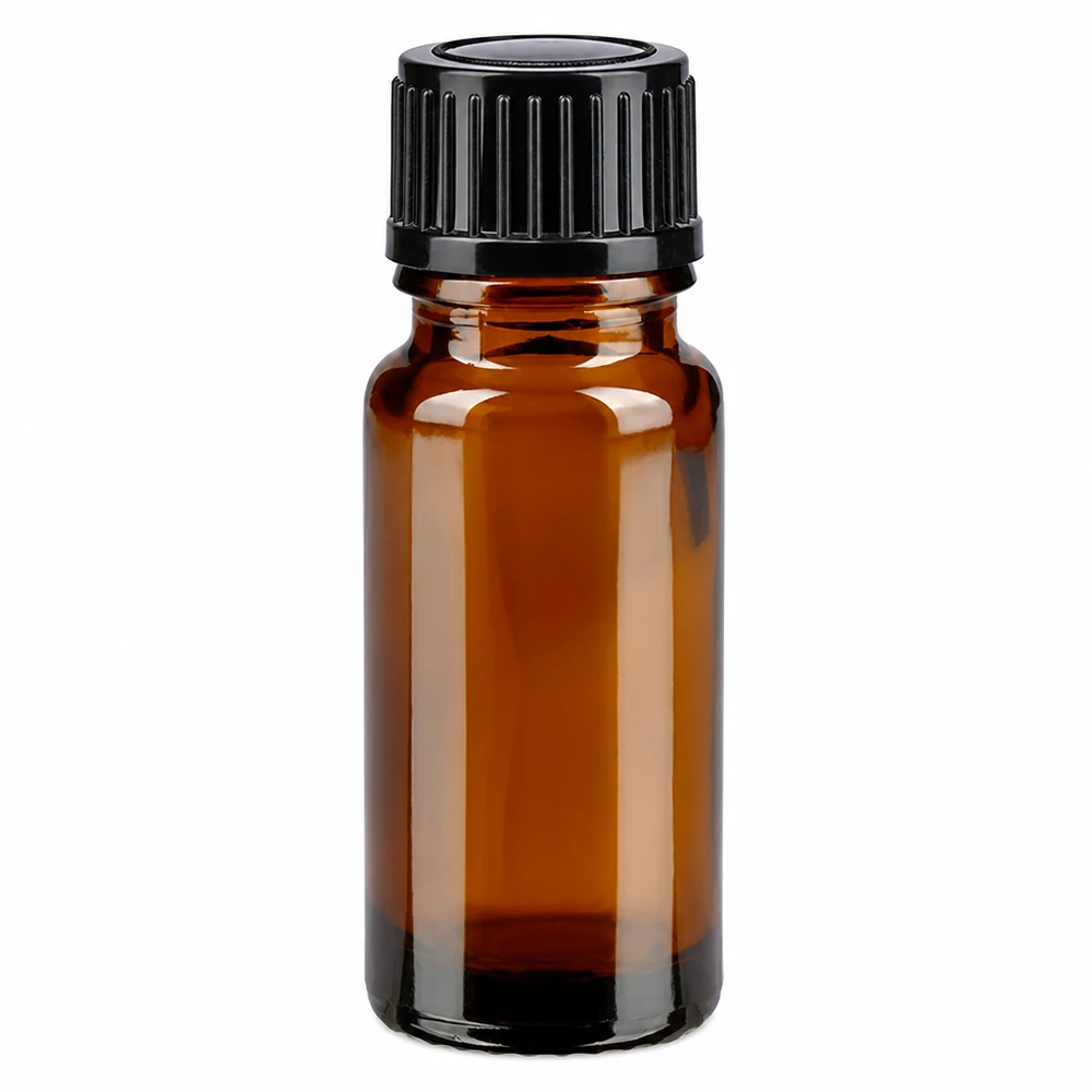 Flacon à pharmacie brun 10ml bouchon vissable noir std Petite bouteille en verre brun de 10 ml avec bouchon noir standard, destinée aux pharmacies