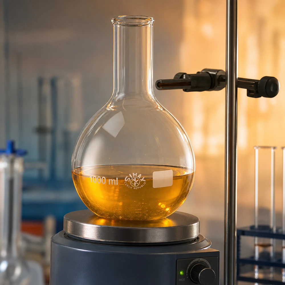Ballon à fond plat 1000 ml à col étroit, en verre borosilicate avec bord renforcé Ballon à col étroit 1000ml avec fixation Clamp sur le statif de laboratoire pour une conduite sûre du processus