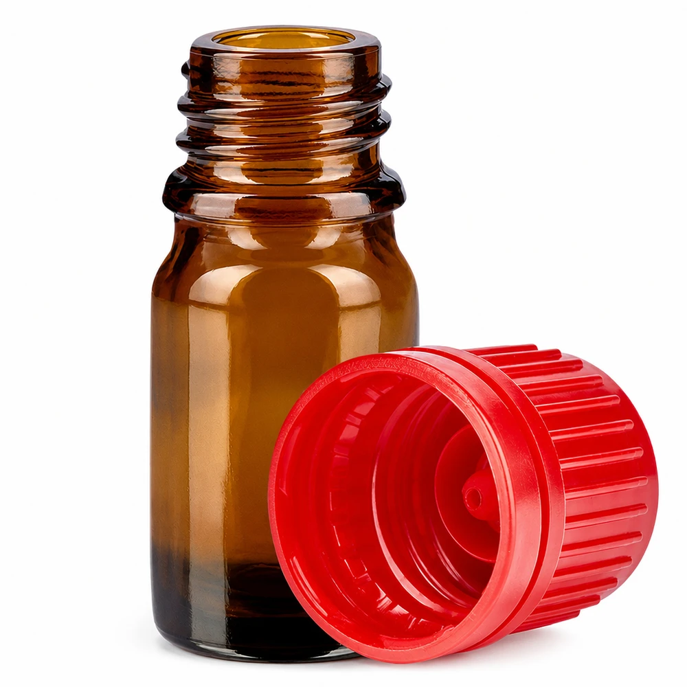 Flacon de 5ml 11mm SV rouge OV BrownLine UT18/5 Flacon en verre brun de 5ml avec bouchon à vis rouge ouvert pour cosmétiques