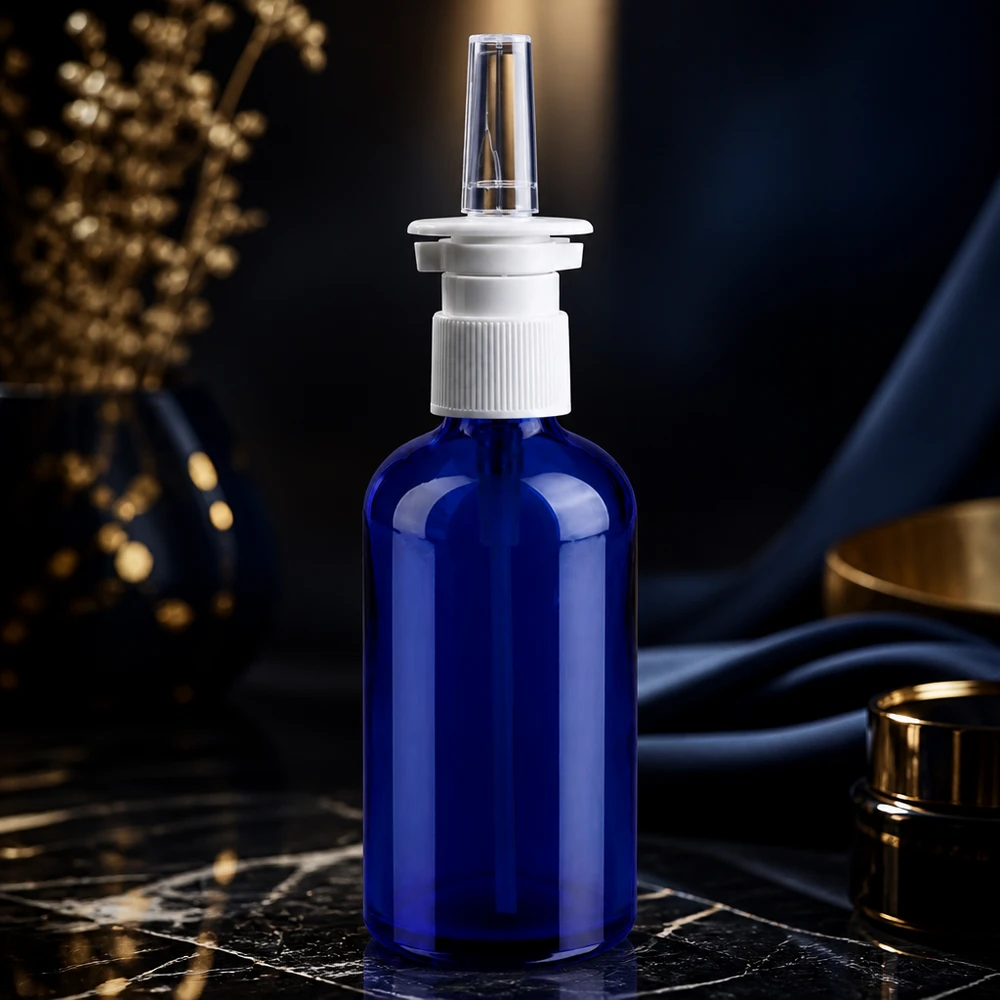 100ml flacon vaporisateur nasal blanc/tr. STD BlueLine UT18/100 Flacon médical en verre 100ml avec système de pulvérisation nasale précis et bouchon hygiénique