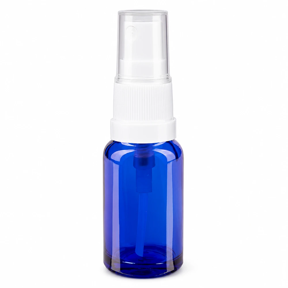 Petit flacon pulvérisateur bleu de pharmacie de 10 ml, en verre anti-UV, avec tête de pulvérisation blanche
