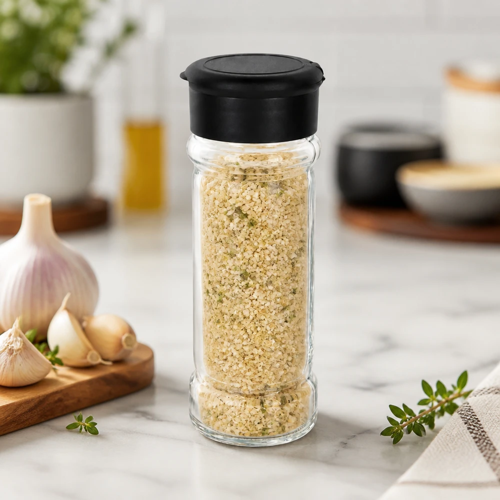 Pot à sel/épices 100 ml avec saupoudreuse, noir Verre à sel cylindrique de 100 ml avec un couvercle en plastique noir, à côté d'ail frais