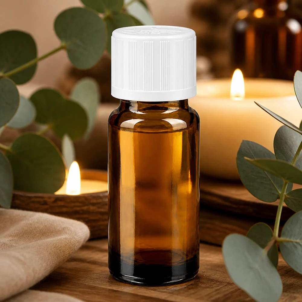 Petit flacon de pharmacie de 10 ml en verre ambré, muni d'un bouchon à vis blanc à l'épreuve des enfants