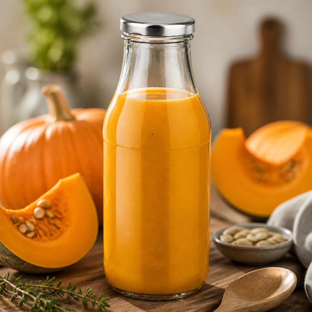 Bouteille en verre de 330 ml + couvercle BasicSeal argenté UiTWIST Bouteille en verre UiTWIST de 330 ml avec bouchon à vis argenté, remplie de purée de potiron, posée sur une table en bois