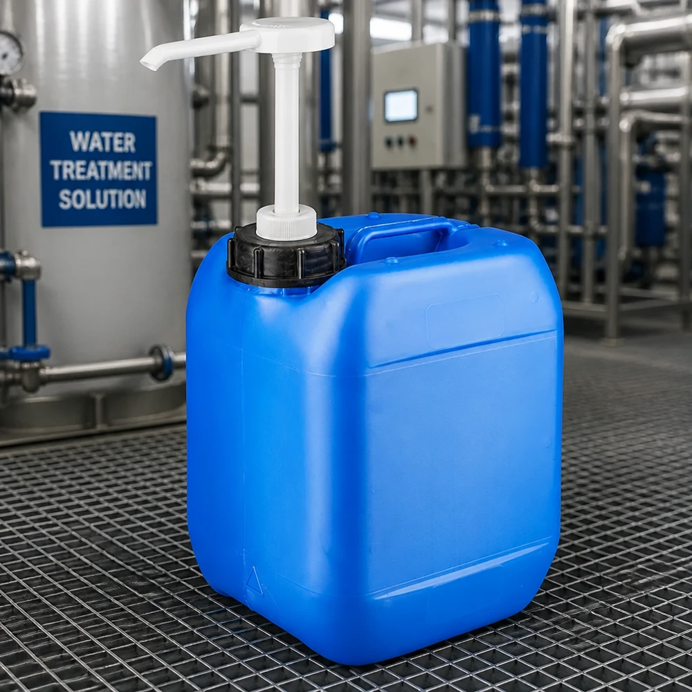 Bidon industriel bleu de 5 litres muni d'une pompe blanche, posé sur un fond grillagé dans le local technique