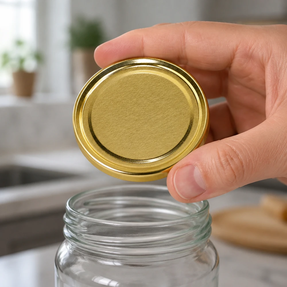 Couvercle métallique rond de couleur dorée, posé à la main sur un bocal en verre transparent à couvercle à vis UNiTWIST TO58