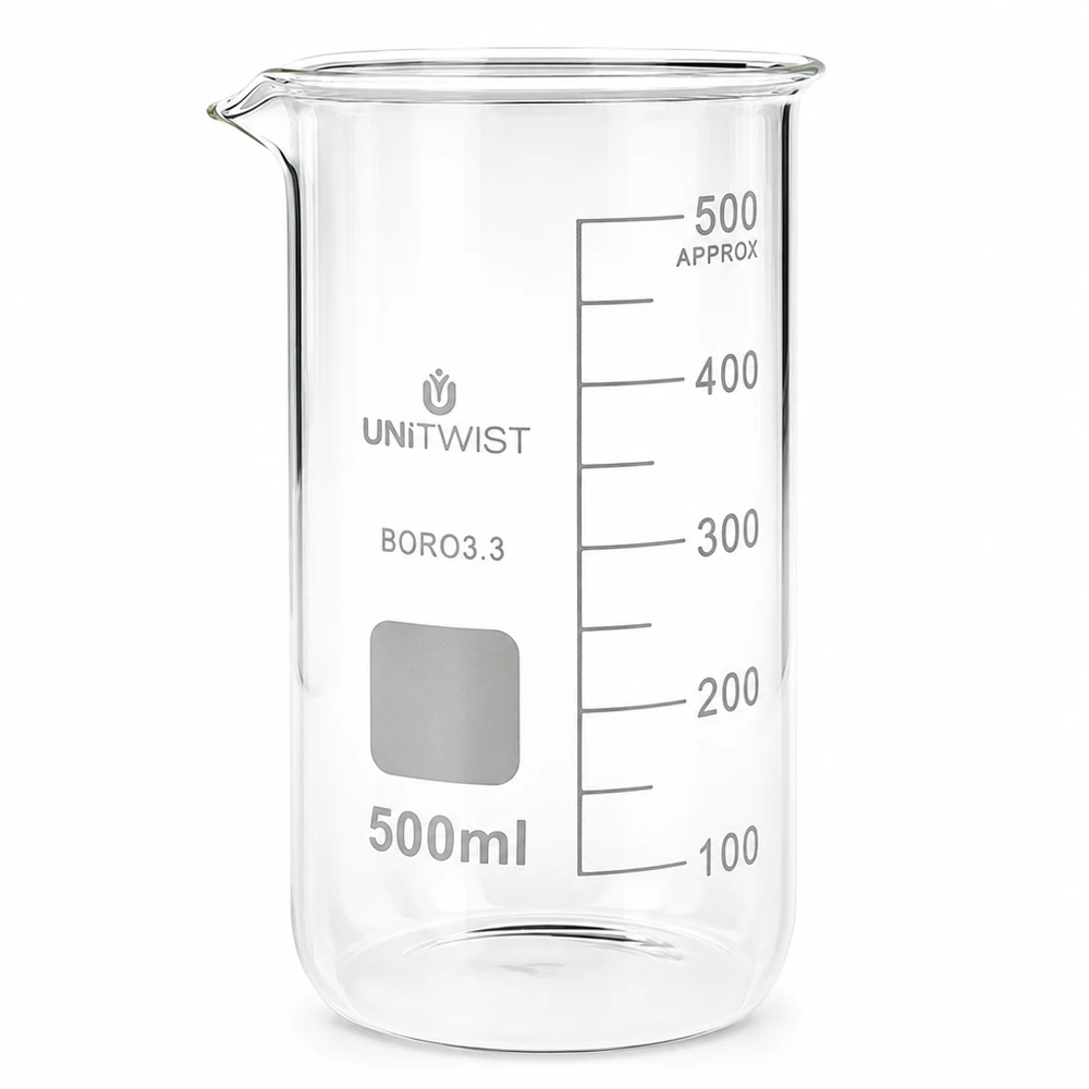 Bécher 500ml borosilicate, forme haute UNITWIST Bécher gradué de 500 ml en verre borosilicaté, avec échelle graduée jusqu'à 500 ml, de forme haute