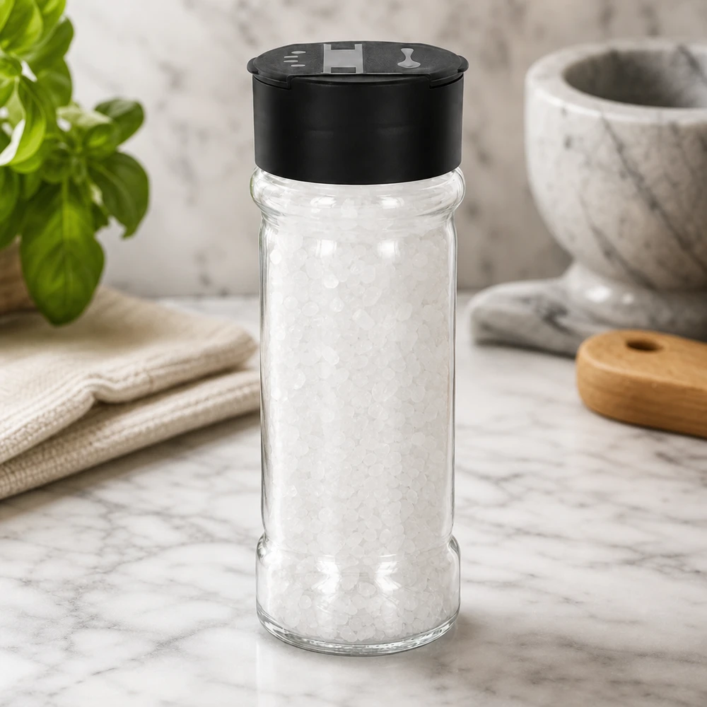Pot à sel/épices 100 ml avec double saupoudreuse, noir Pot cylindrique en verre transparent de 100 ml contenant du gros sel cristallisé et muni d'un double saupoudreur en plastique noir, dans la cuisine
