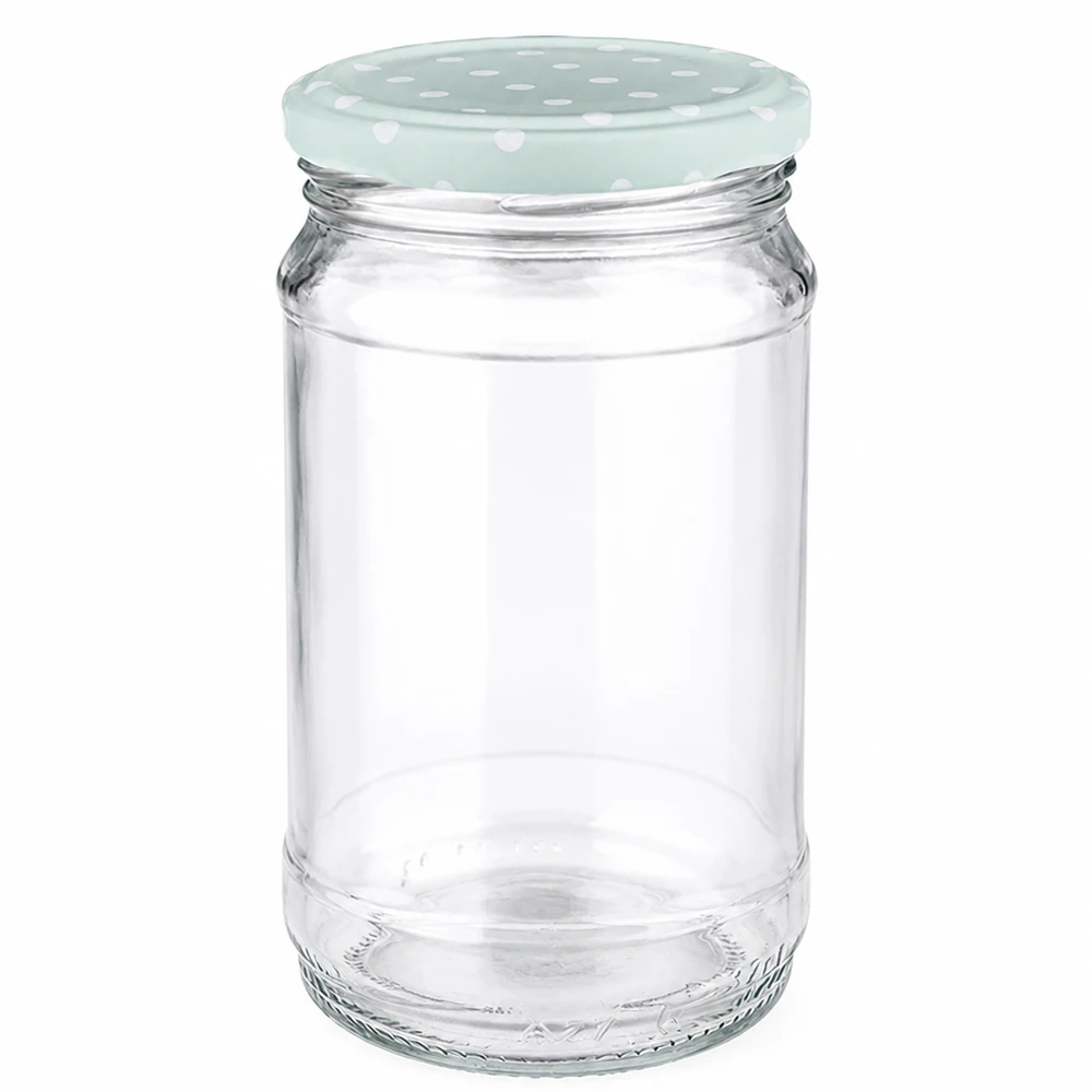 Bocal rond en verre de 370 ml + BasicSeal à pois menthe mat UNiTWIST Bocal rond en verre de 370 ml avec couvercle à pois couleur menthe « BasicSeal » de UNiTWIST, vide, sur fond blanc