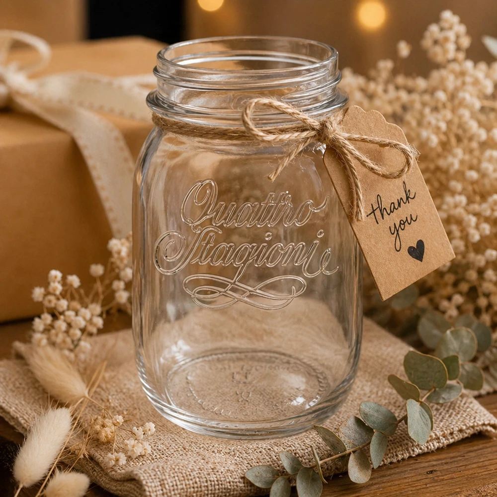 Verre de ménage Quattro Stagioni de 500 ml avec pendentif de remerciement sur une table en bois rustique décorée de fleurs séchées