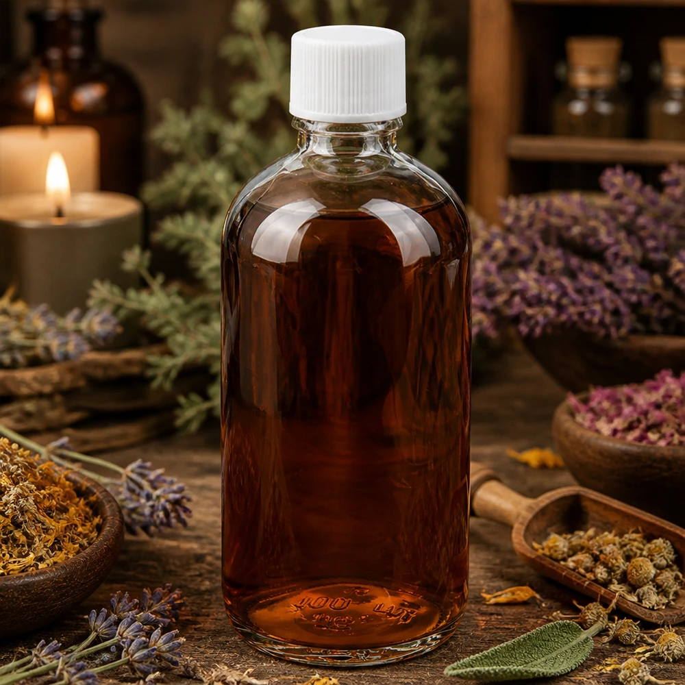 Flacon de 100 ml avec bouchon standard blanc de 11 mm pour essences à base de plantes et remèdes naturels