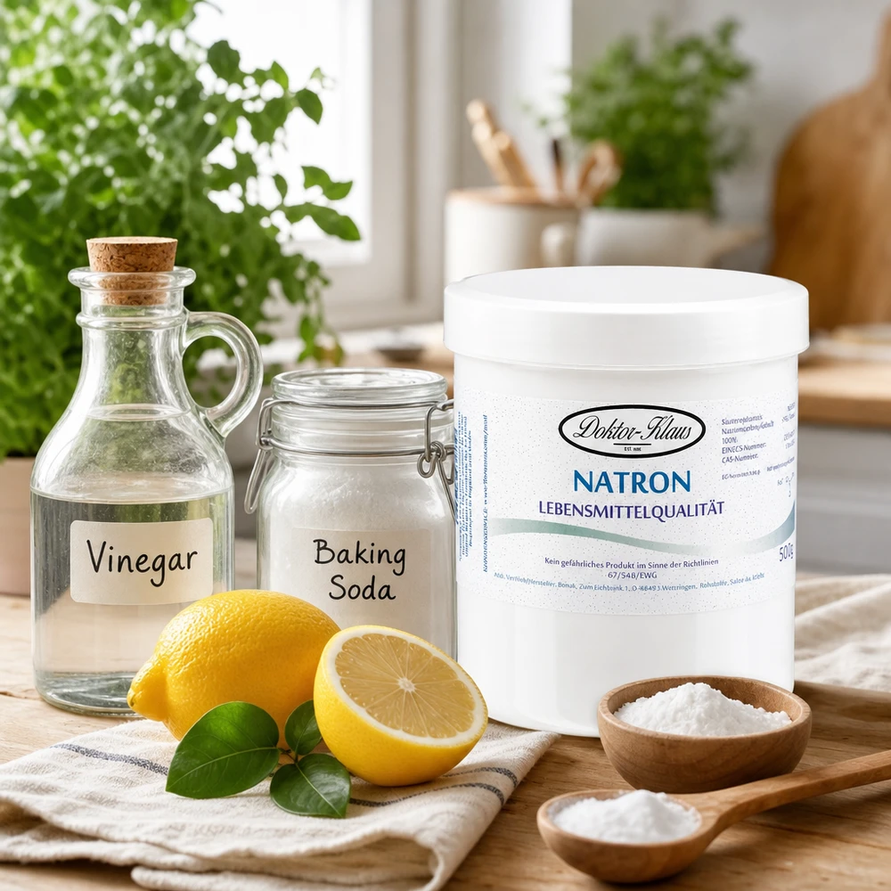 Bicarbonate de soude Docteur Klaus 500g avec vinaigre de citron et levure chimique pour le nettoyage naturel de la maison