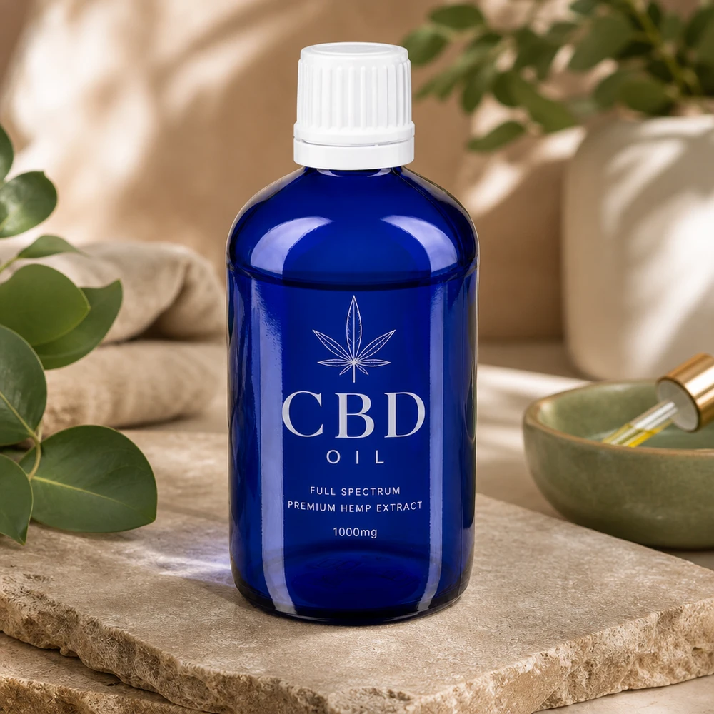 Flacon en verre d'apothicaire bleu de 20 ml avec bouchon blanc à sécurité enfant, pour huiles essentielles et produits au CBD