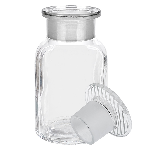 Flacon pharmaceutique 100 ml col large + bouchon verre clair Petite bouteille à épaules arrondies de 100 ml en verre transparent avec bouchon en verre, destinée aux substances chimiques