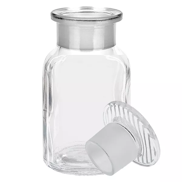 Flacon pharmaceutique 100 ml col large + bouchon verre clair Petite bouteille à épaules arrondies de 100 ml en verre transparent avec bouchon en verre, destinée aux substances chimiques