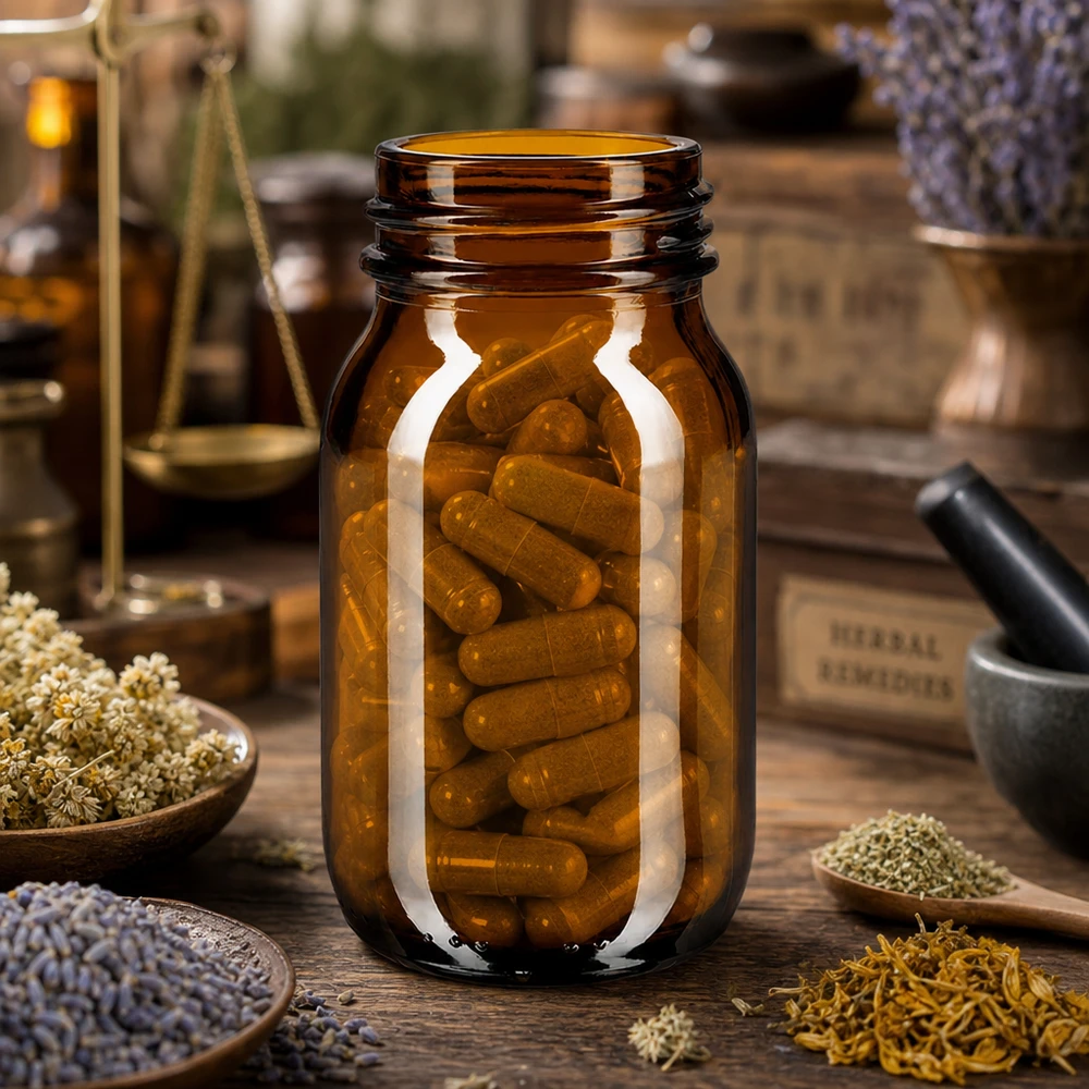 Bouteille en verre brun de 100 ml à large ouverture idéale pour les compléments alimentaires et les herbes aromatiques