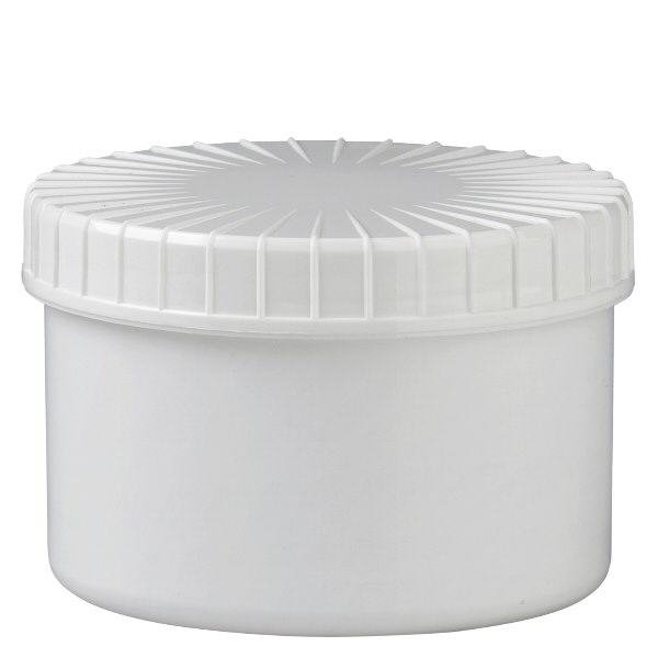 Pot en plastique blanc 250 ml + couvercle à vis blanc strié en PE, fermeture standard