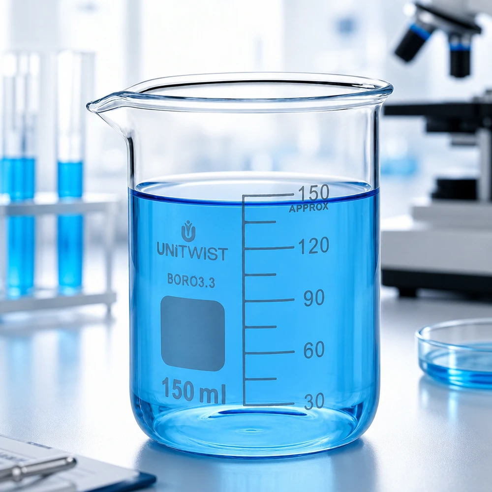 Bécher 150ml borosilicate, forme basse UNiTwist Bécher de chimie 150 ml en borosilicate, de forme basse, avec graduation de 30 à 150 ml, UNiTwist