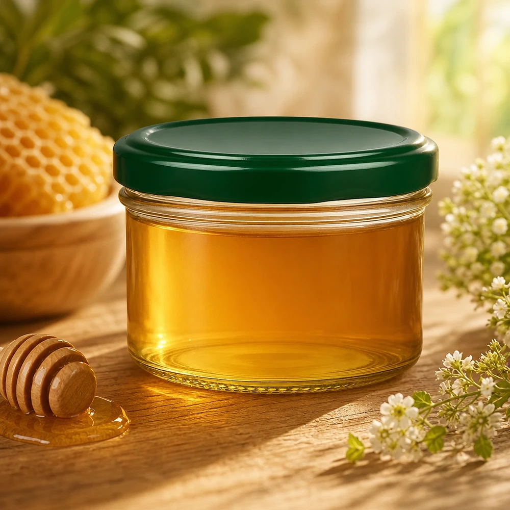Conservation du miel dans un pot cylindrique de 230 ml avec couvercle vert BasicSeal à côté du rayon de miel et de la cuillère à miel