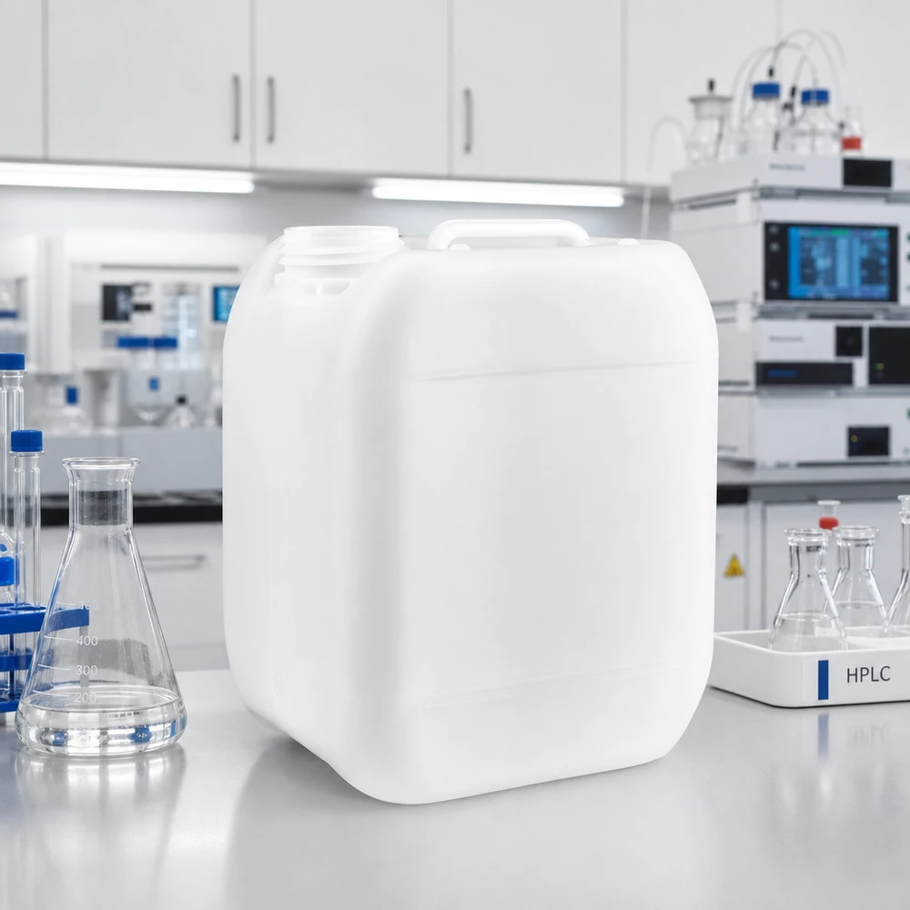Bidon carré en plastique de 5 litres sans couvercle dans un laboratoire d'analyse moderne équipé d'un système HPLC