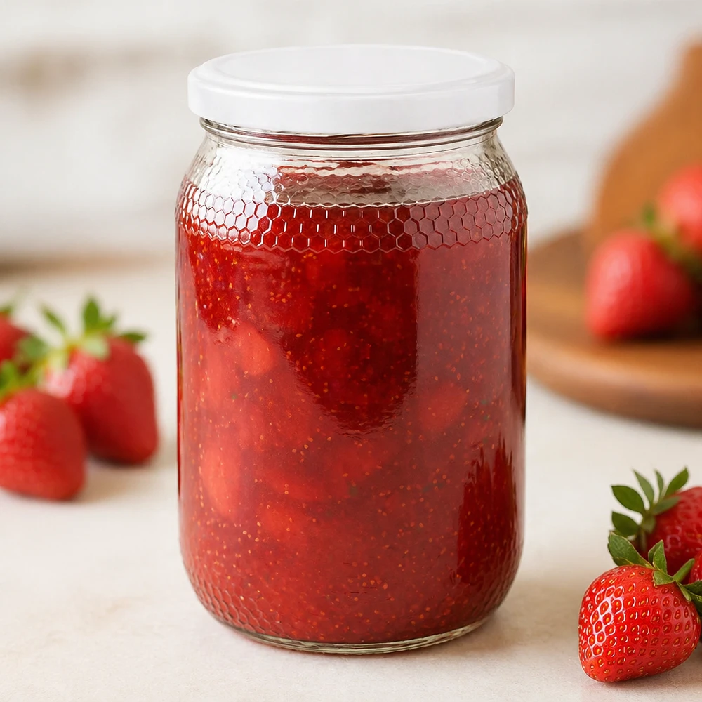 Le pot de miel de 900 ml rempli de confiture de fraise démontre qu'il est adapté aux confitures Couvercle BasicSeal UNiTWIST