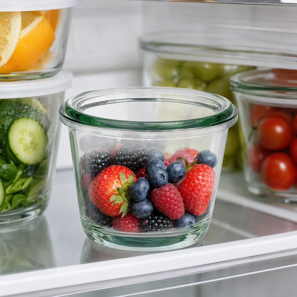 Pot gourmet WECK RR60 de 80 ml avec des baies fraîches dans le réfrigérateur à côté d'autres récipients en verre pour la conservation des aliments