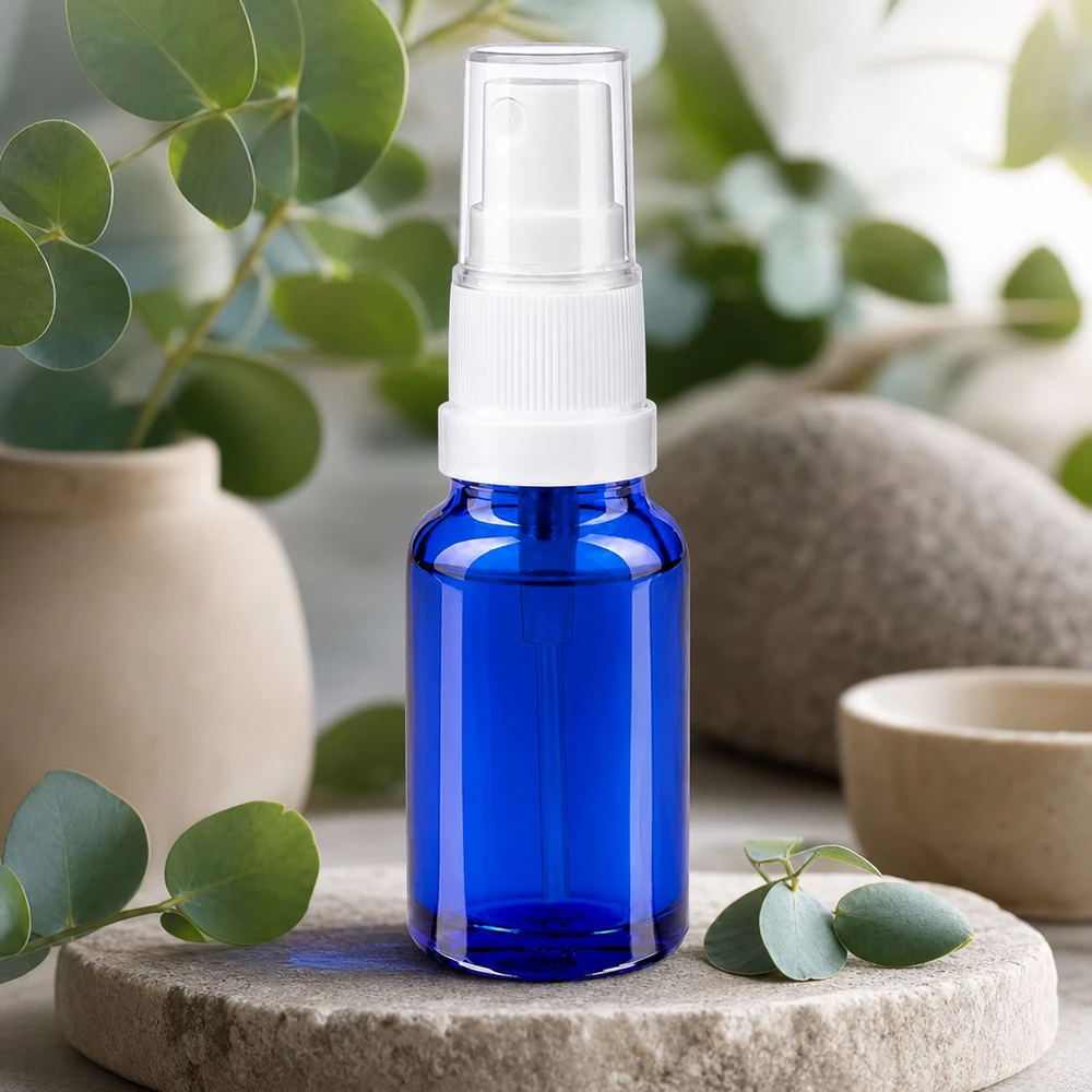 Vaporisateur 10ml blanc/tr. STD BlueLine UT18/10 Vaporisateur professionnel en verre bleu de 10 ml avec mécanisme de pulvérisation fin pour l'aromathérapie