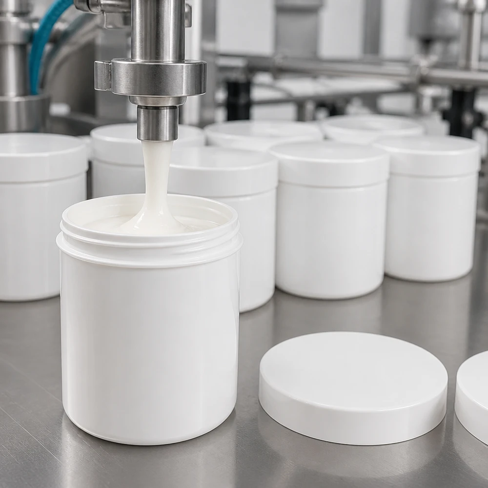 Pot à onguent blanc 20 g avec couvercle blanc (PP) Remplissage automatisé de crème dans des pots en PP blanc de 20 g avec couvercle à vis, en salle blanche