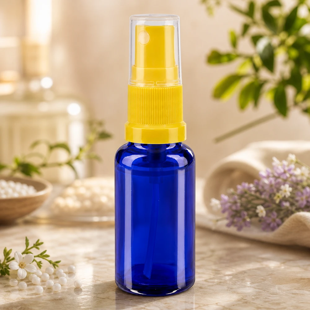 Flacon de pharmacie bleu 20ml embout spray jaune Flacon bleu de 20 ml avec vaporisateur pour huiles essentielles, aromathérapie et cosmétiques