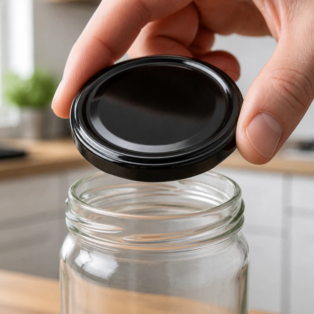 UNiTWIST TO48 noir, BioSeal, sans BPA, unitemp. UNiTWIST TO48 Couvercle de bocal sans BPA, noir brillant, pour bocal Einweck, cuisine, socle en bois