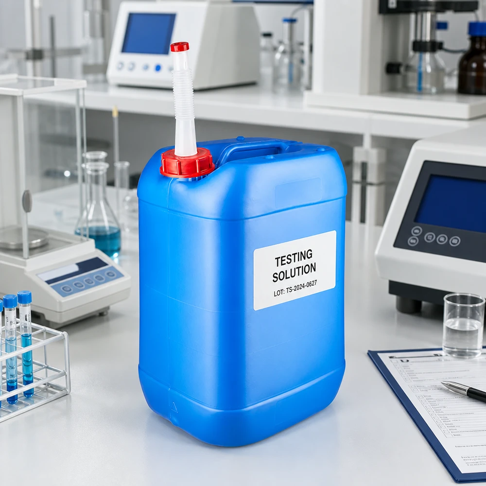 Bidon 25 litres bleu avec tube de vidange Flex Récipient de grande capacité de 25 litres (bidon bleu) avec tuyau flexible, à côté d'une balance d'analyse et d'appareils de laboratoire