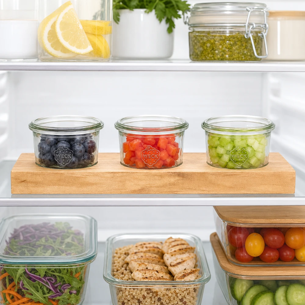 Plateau de service Plano3 avec 3 bocaux Weck de 80 ml Planche de service Plano3 avec des bocaux renversés Weck de 80 ml dans le réfrigérateur pour une conservation organisée des baies et des légumes