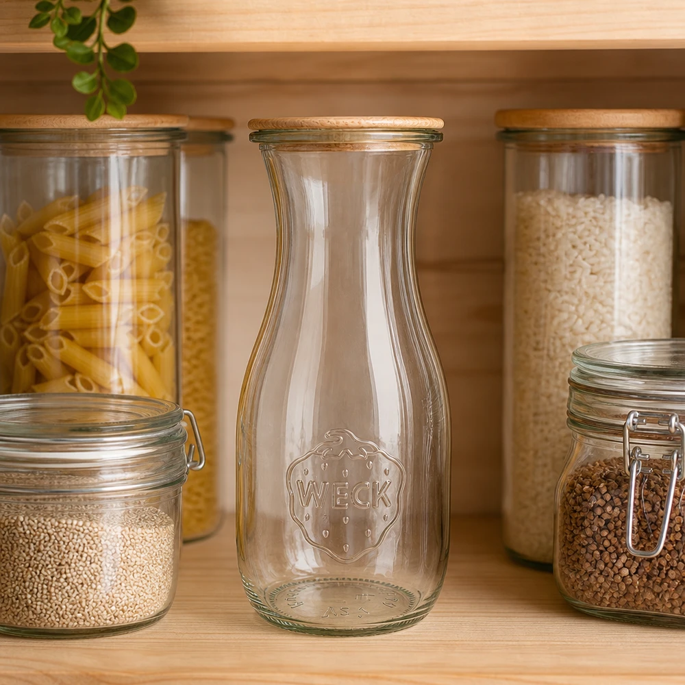 530ml Bouteille à jus de fruits WECK RR60 avec couvercle en bois WECK Bouteille de jus 530ml RR60 vide entre des bocaux de stockage avec des pâtes et du riz dans une cuisine organisée avec des étagères en bois