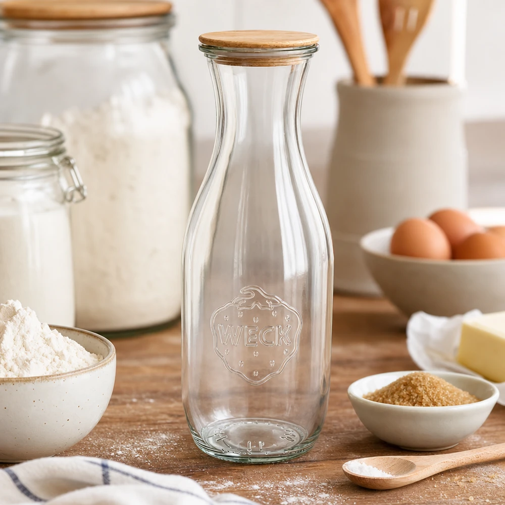 WECK Bouteille de jus 1062ml avec couvercle en bois sur la table de cuisine entre les ingrédients de cuisson comme la farine, les œufs et le beurre.