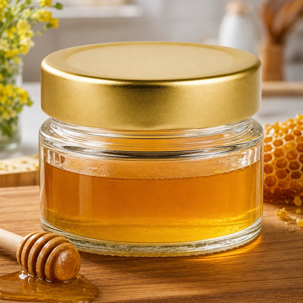 80ml Verre rond avec couvercle BasicSeal or UNiTWIST Pot rond de 80ml avec couvercle BasicSeal gold deep rempli de miel à côté du rayon et cuillère à miel sur planche en bois