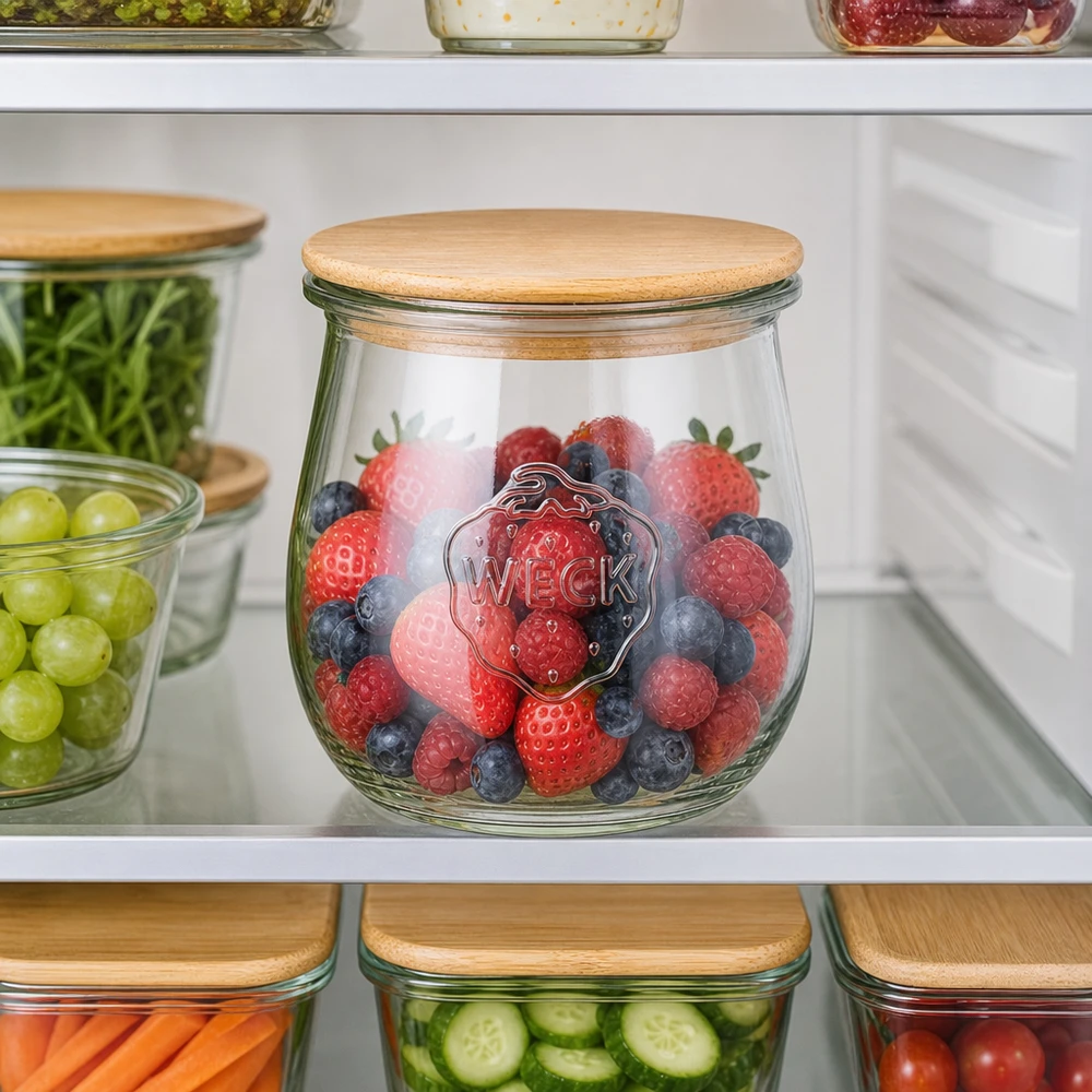 220ml bocal tulipe WECK RR60 avec couvercle en bois WECK Tulpenglas 220ml mit Holzdeckel zur Aufbewahrung von Beeren im Kühlschrank - Frischhalteglas für Obst