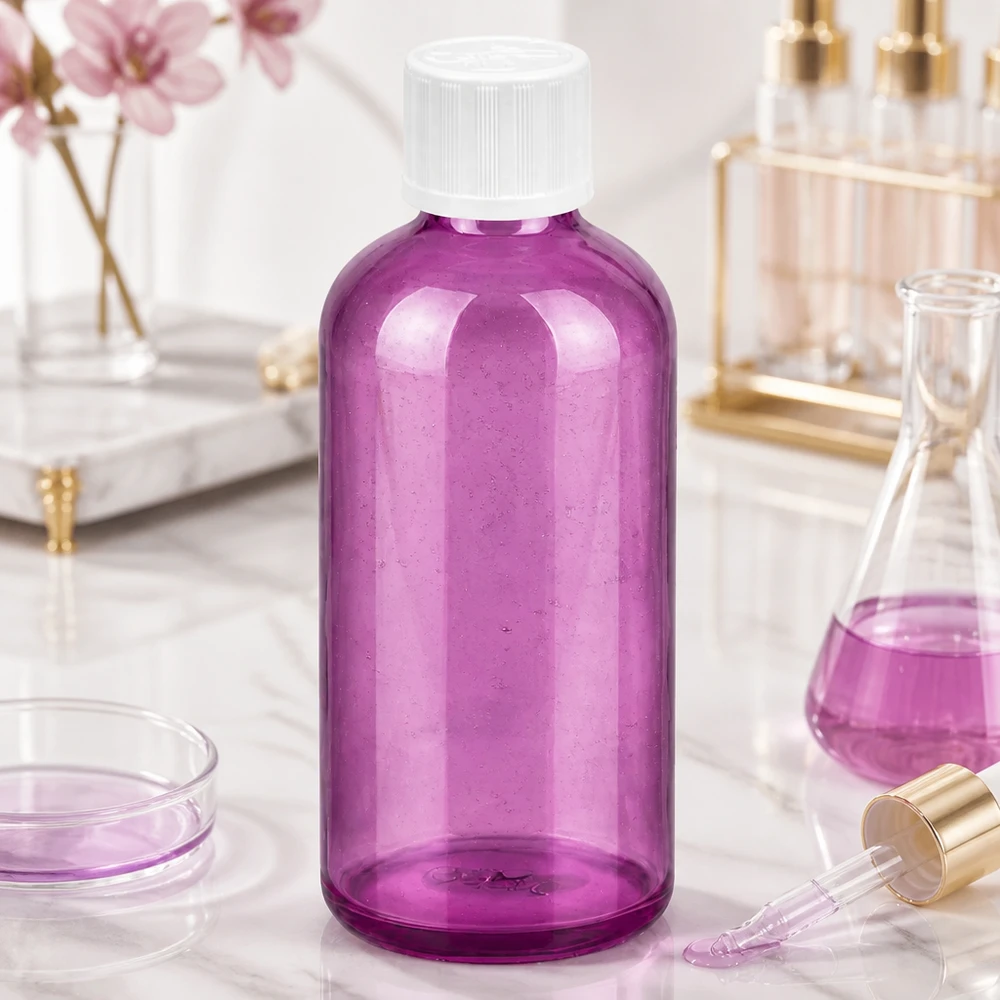 Flacon compte-gouttes 100ml 1,2mm blanc standard sécurité enfant PurpleLine. UT18/100 Élégant flacon compte-gouttes violet 100ml avec ouverture 1.2mm idéal pour l'aromathérapie et la beauté
