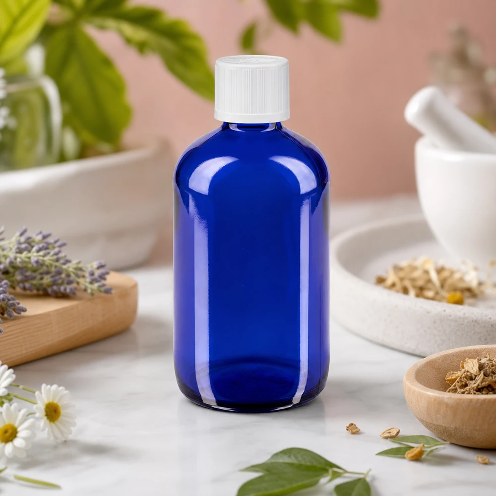 Flacon de pharmacie bleu 100ml bouchon compte-gouttes blanc sécurité enfant std Flacon compte-gouttes bleu cobalt de 100 ml en verre d'apothicaire avec bouchon KiSi blanc pour cosmétiques naturels