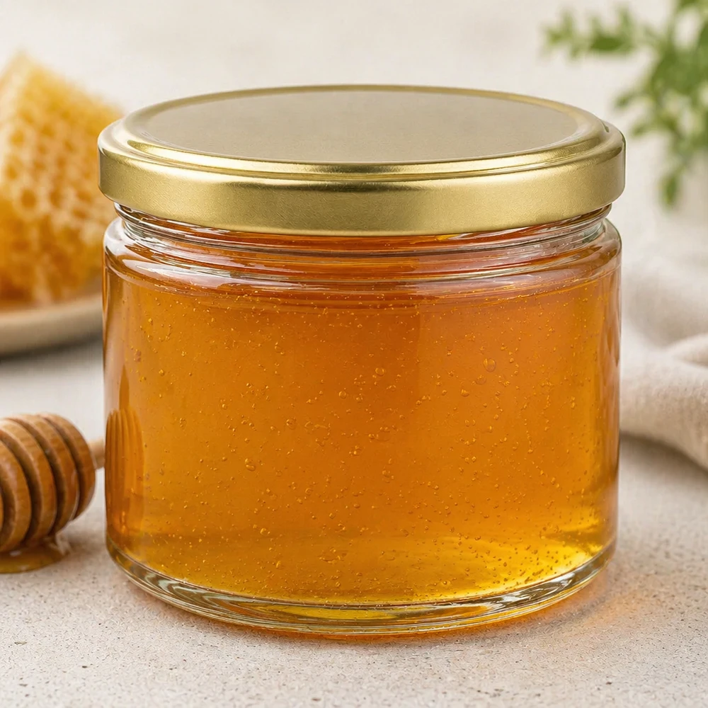 Pot de miel 700g rempli de miel doré et couvercle BasicSeal à côté des rayons de miel et cuillère en bois pour le miel