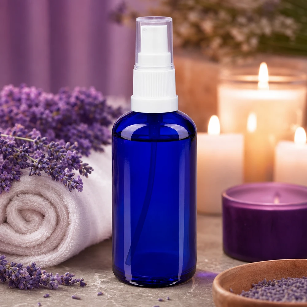 Flacon vaporisateur en verre d'apothicaire bleu de 50 ml, avec de la lavande et des bougies, dans une ambiance bien-être