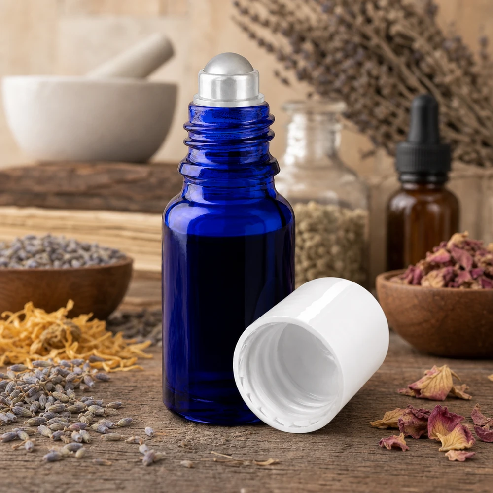 Flacon de pharmacie bleu 10ml Roll-On bouchon blanc Flacon roll-on en verre d'apothicaire bleu de 10 ml avec bouchon blanc, dans un cadre d'aromathérapie proche de la nature