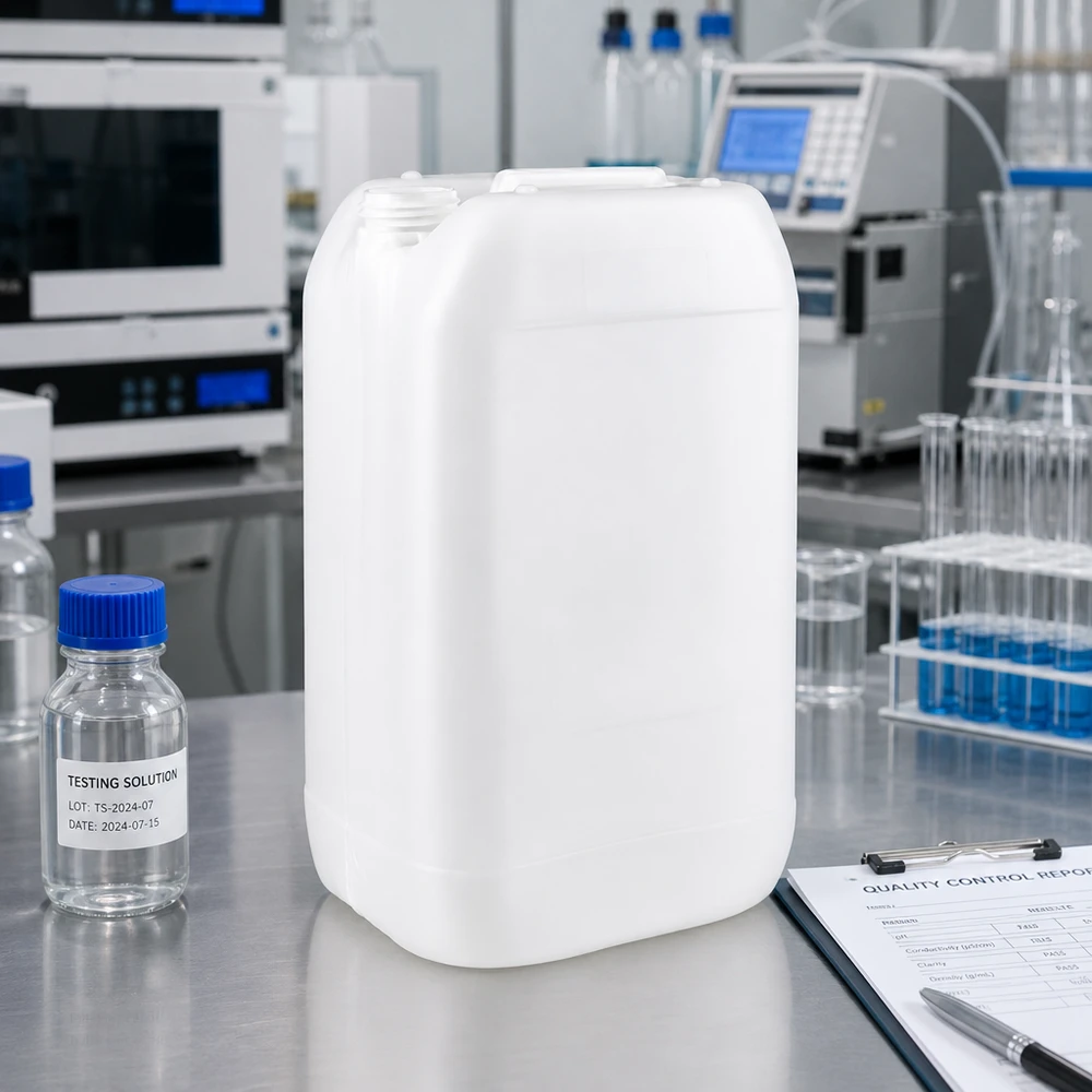 Bidon industriel blanc empilable de 15 litres sans bouchon, destiné à un environnement de laboratoire professionnel