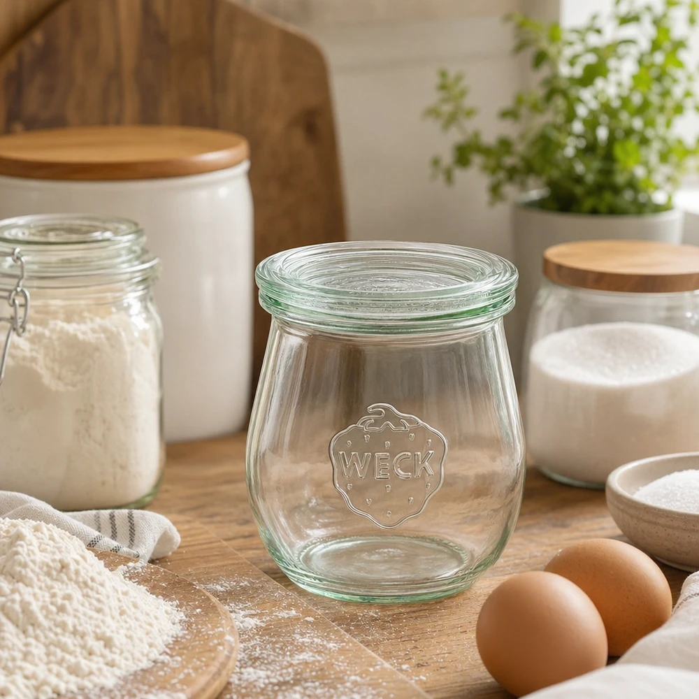 WECK Pot tulipe 220ml RR60 vide dans cuisine moderne avec ingrédients de cuisine oeufs farine et équipement de cuisine en bois