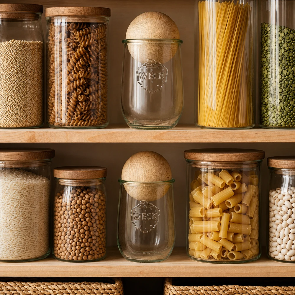 1062ml bocal tulipe WECK RR100 avec boule en bois en hêtre WECK Bocal tulipe 1062ml RR100 avec boule de hêtre dans un office organisé entre les pâtes, le riz et les légumineuses
