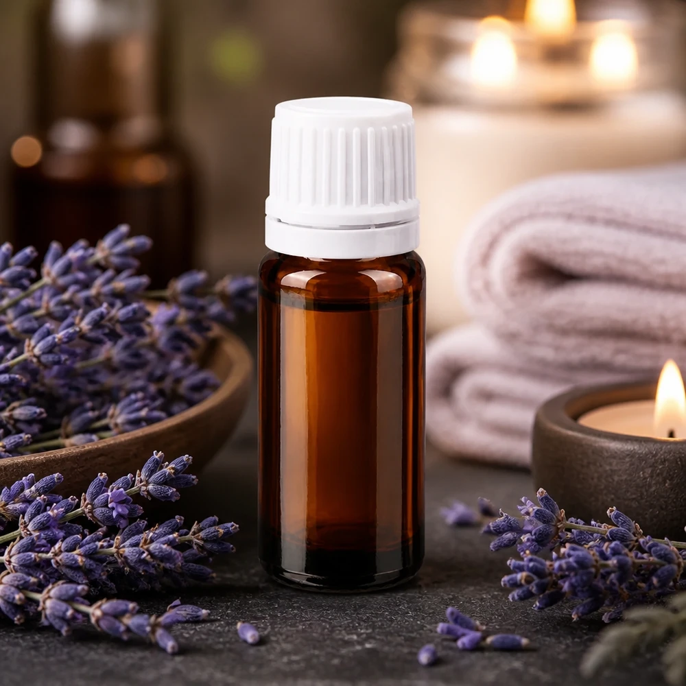 Flacon opacifiant de 10 ml en verre brun avec bouchon OV blanc, destiné à l'huile de lavande et aux cosmétiques naturels