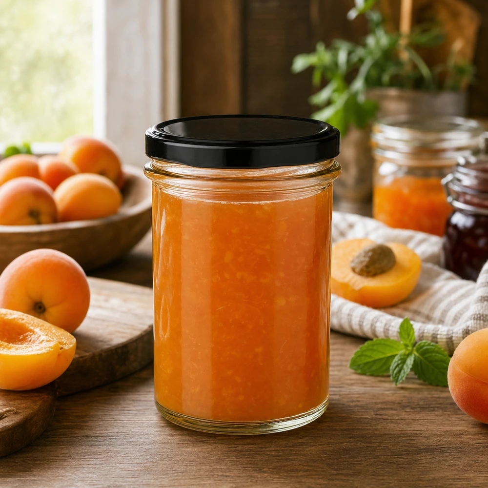 230ml pot renversé BasicSeal noir rempli de confiture d'abricots entre abricots frais Scène de cuisine confiture