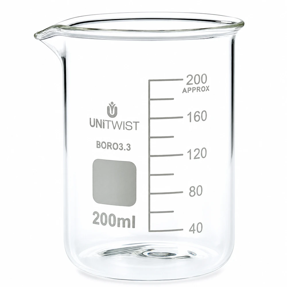 Bécher 200ml borosilicate, forme basse UNiTWIST Bécher bas de 200 ml, en borosilicate 3.3 transparent, avec échelle graduée UNiTWIST