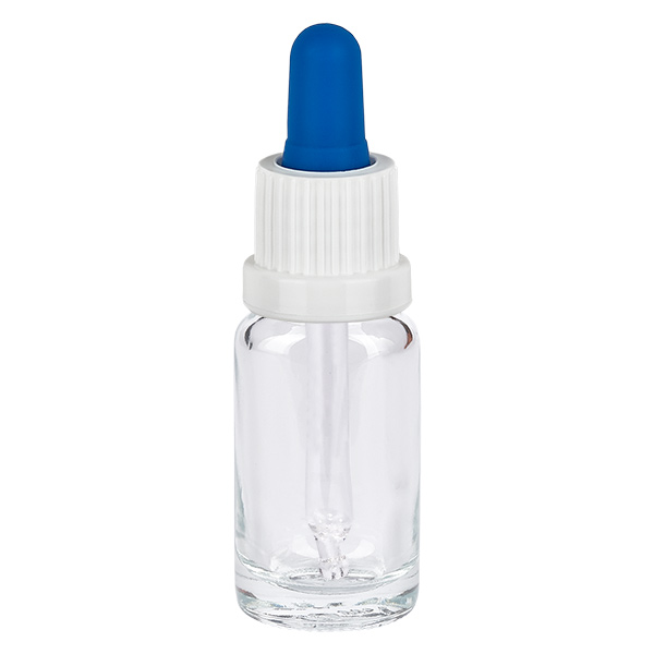 Flacon à pipette 10ml blanc/bleu OV ClearL. UT18/10 Flacon-pipette de 10 ml en verre transparent, muni d'un bouchon à vis blanc et d'une bille en caoutchouc bleue